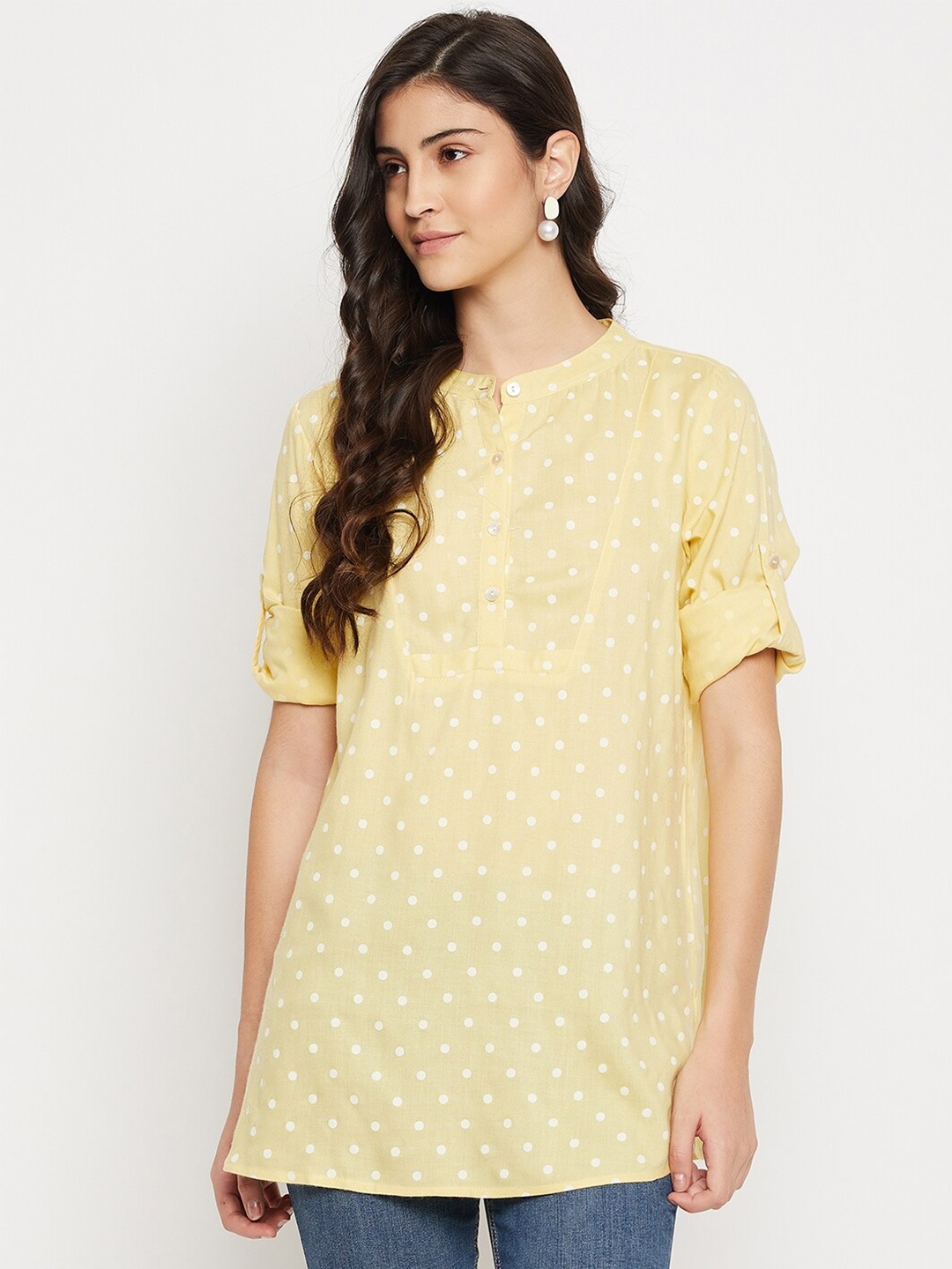 

Ruhaans Polka Dots Printed Roll-Up Sleeves Regular Top, Yellow