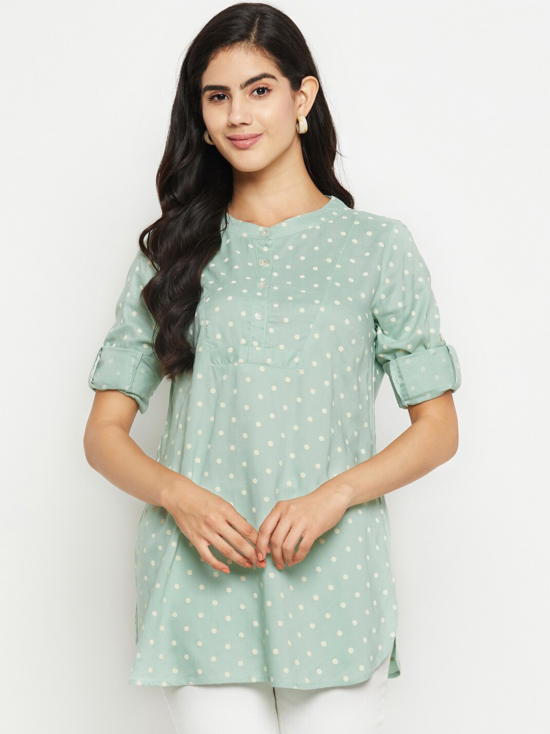 

Ruhaans Polka Dot Print Mandarin Collar Roll-Up Sleeves Shirt Style Top, Green