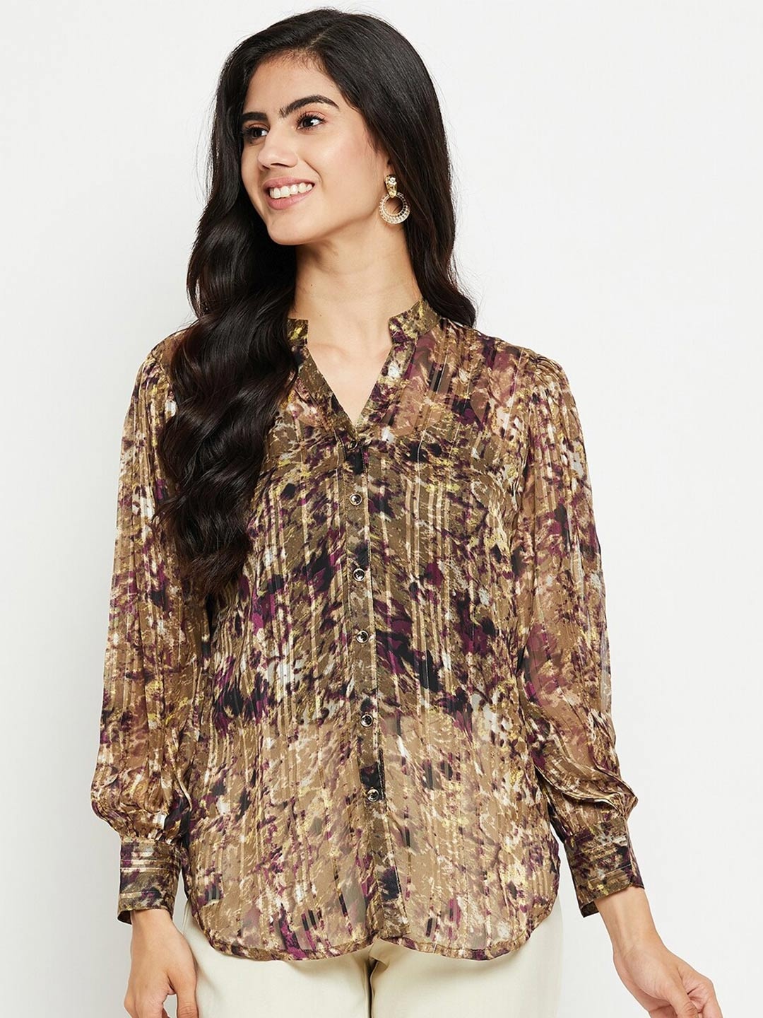 

Ruhaans Classic Floral Printed Chiffon Casual Shirt, Brown