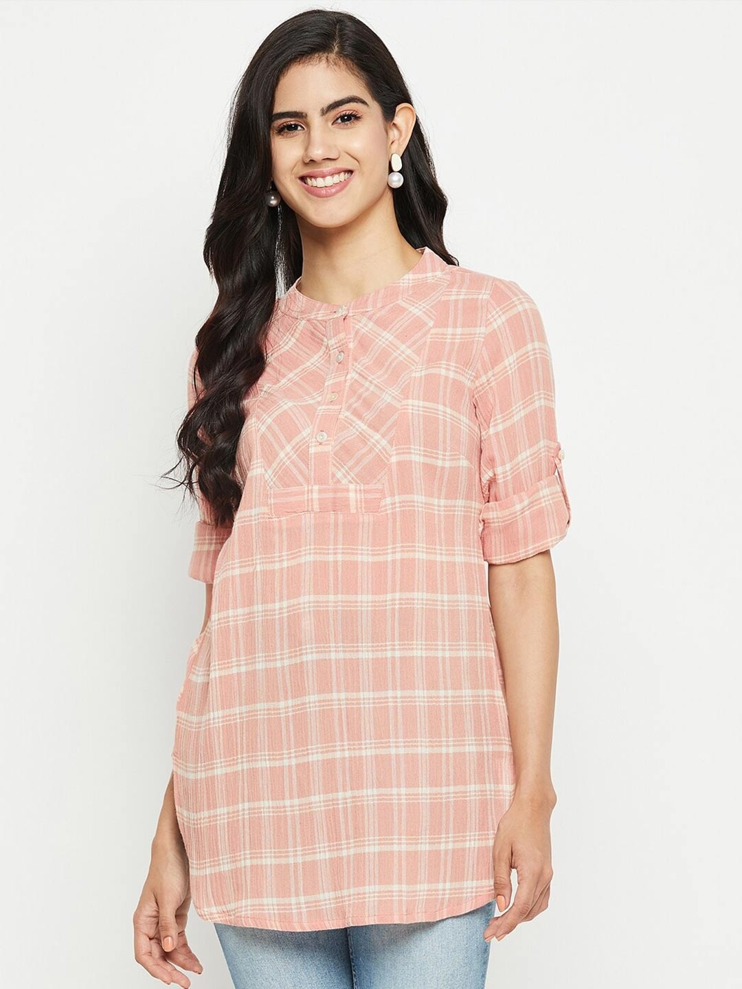 

Ruhaans Mandarin Collar Checked Shirt Style Longline Top, Peach