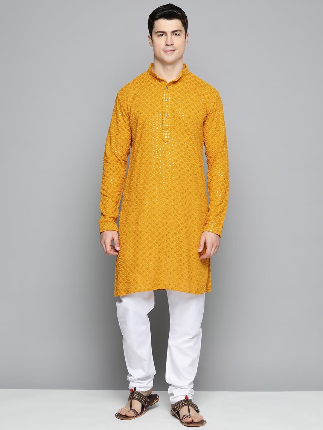 

Angroop Floral Self Design Mandarin Collar Sequinned Kurta With Churidar, Yellow
