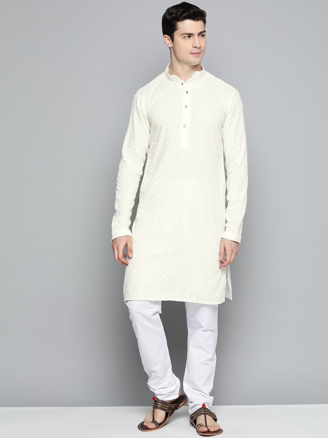 

Angroop Floral Self Design Mandarin Collar Sequinned Kurta With Churidar, White