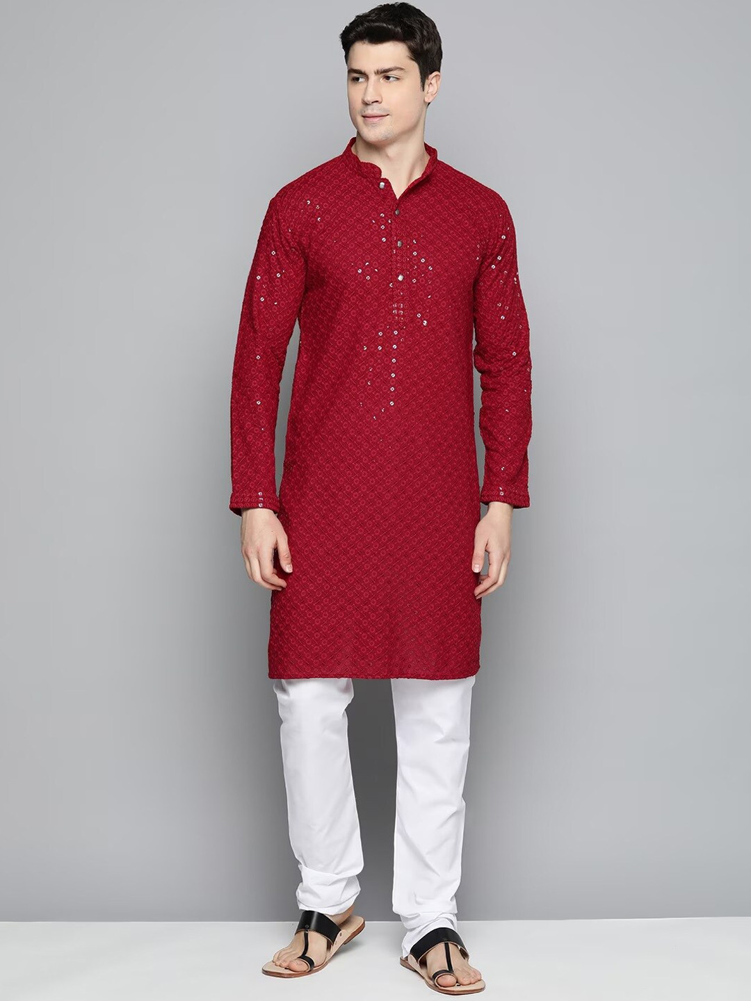 

Angroop Floral Self Design Mandarin Collar Sequinned Kurta With Churidar, Red