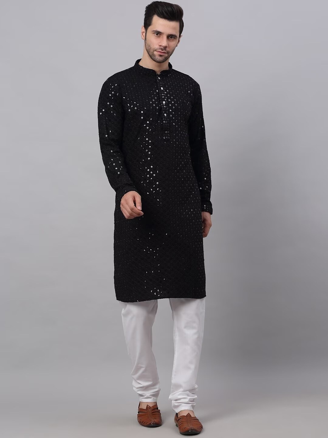 

Angroop Floral Self Design Mandarin Collar Sequinned Kurta With Churidar, Black