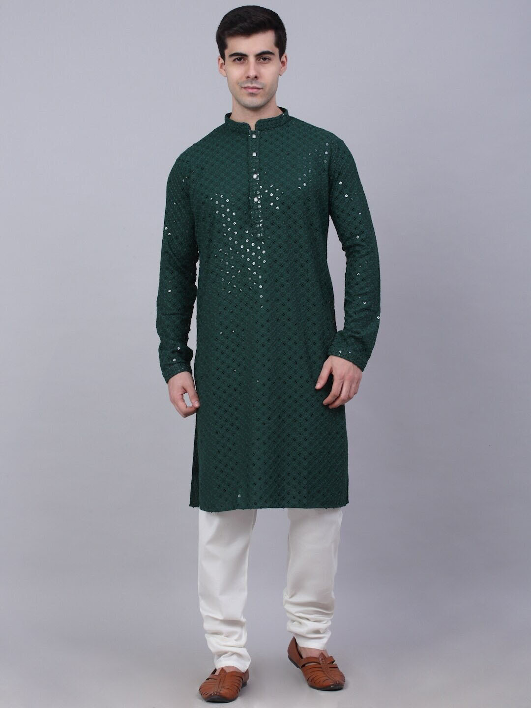 

Angroop Green & White Embroidered Mandarin Collar Sequinned Detailed Kurta with Churidar