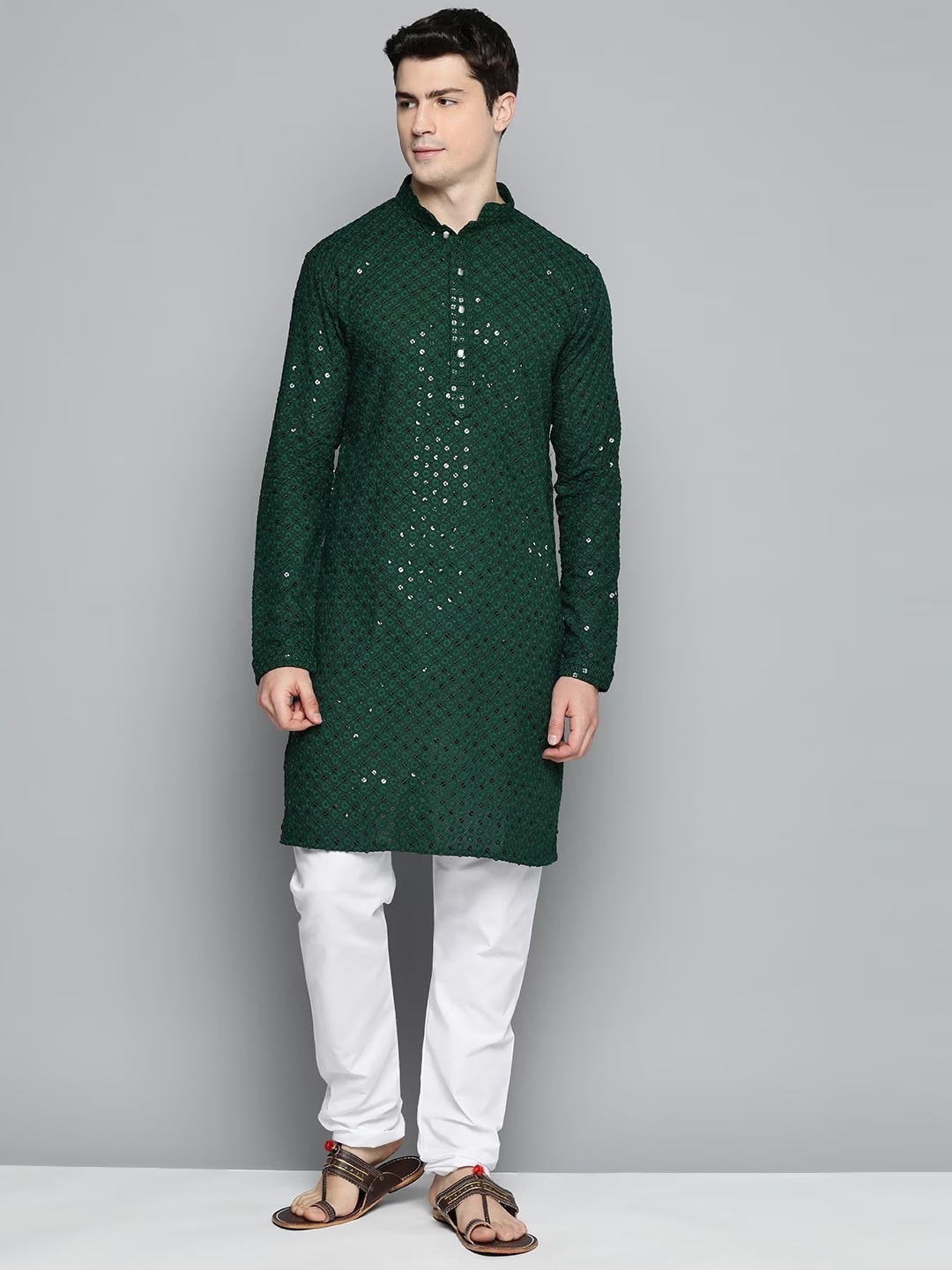 

Angroop Floral Self Design Mandarin Collar Sequinned Kurta With Churidar, Green