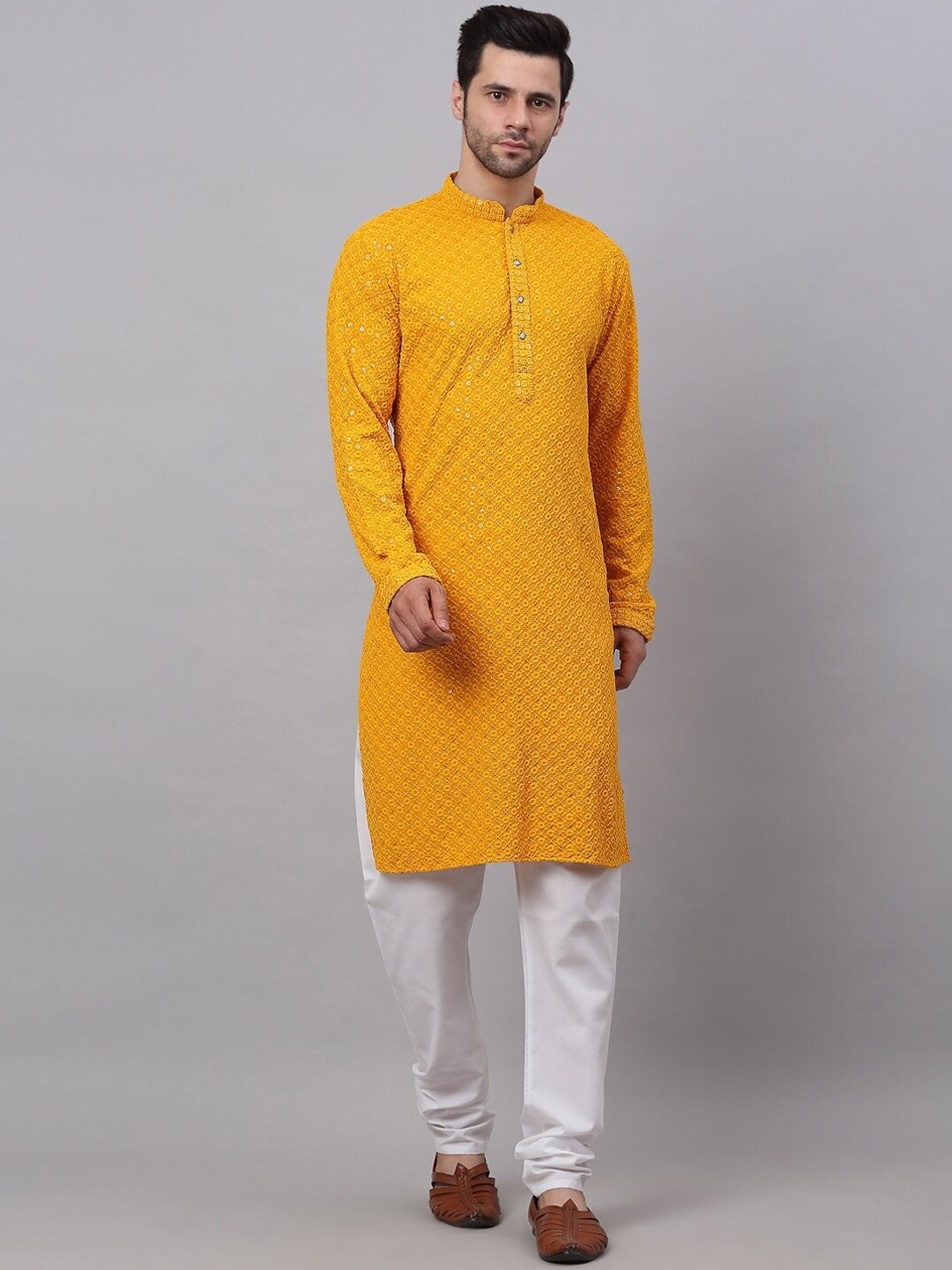 

Angroop Floral Self Design Mandarin Collar Sequinned Kurta With Churidar, Yellow