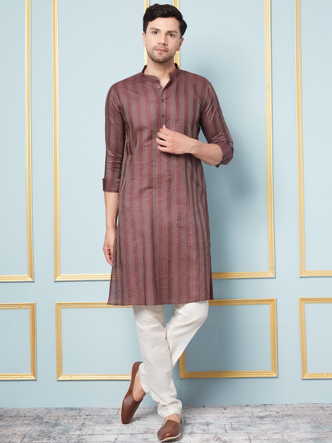 

See Designs Striped Woven Design Thread Work Kurta, Coffee brown