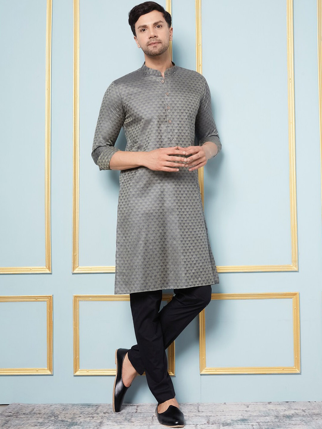 

See Designs Woven Design Mandarin Collar Straight Kurta With Pyjamas, Charcoal