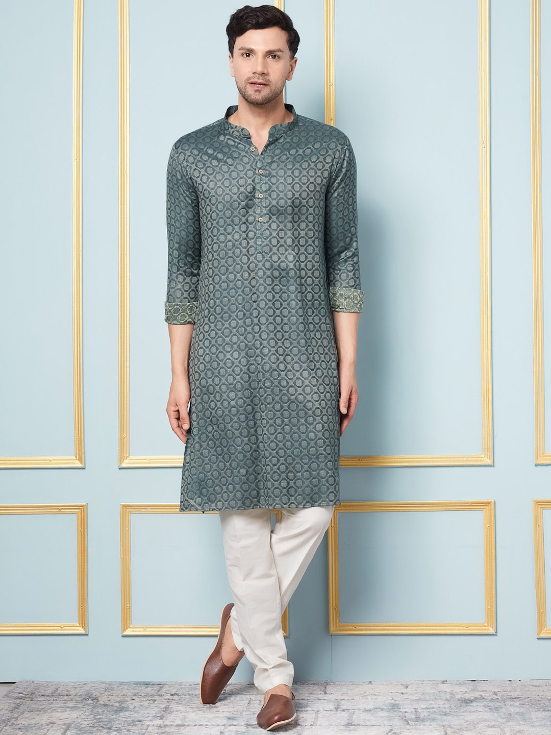 

See Designs Geometric Woven Design Thread Work Straight Kurta, Blue