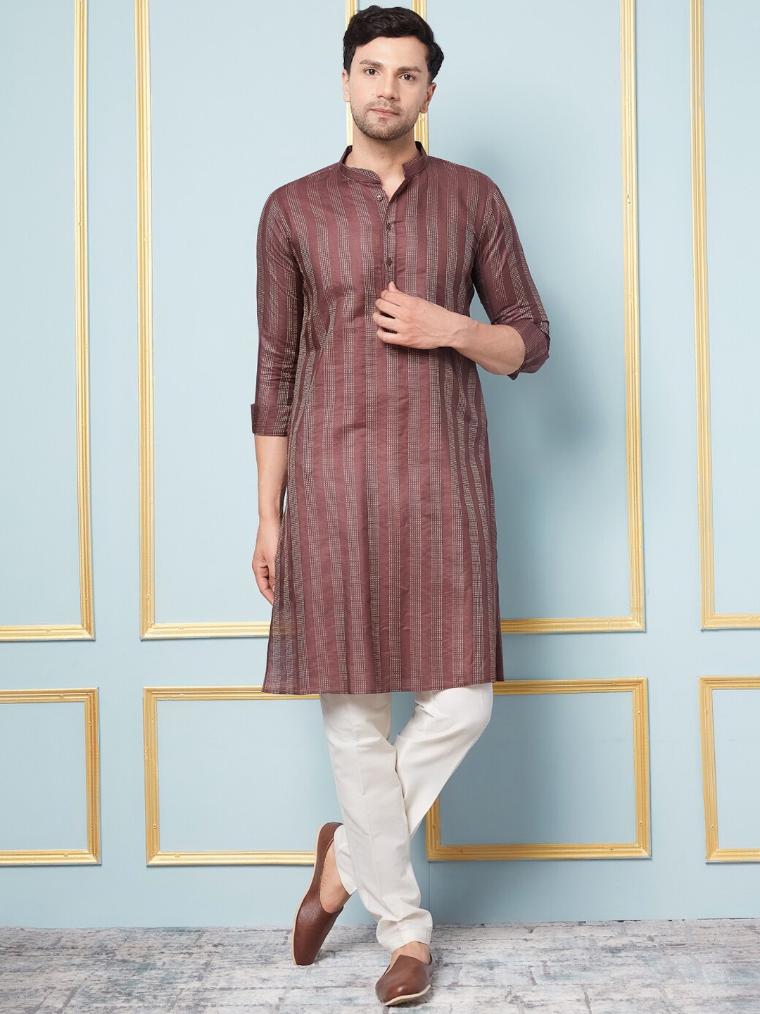 

See Designs Mandarin Collar Woven Design Straight Kurta with Pyjamas, Coffee brown