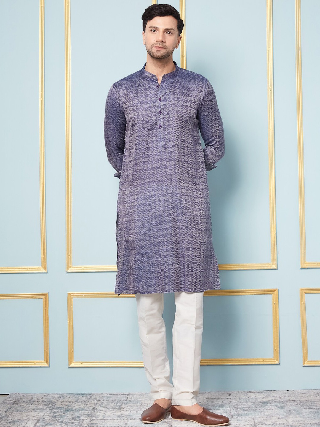 

See Designs Mandarin Collar Woven Design Straight Kurta with Pyjamas, Navy blue