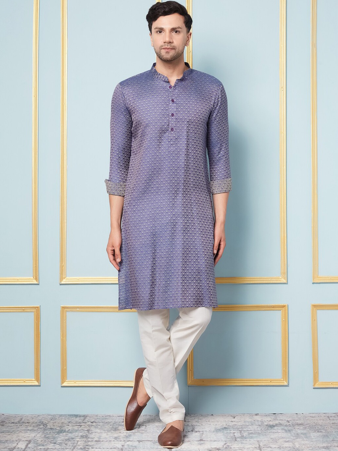 

See Designs Mandarin Collar Woven Design Straight Kurta with Pyjamas, Navy blue