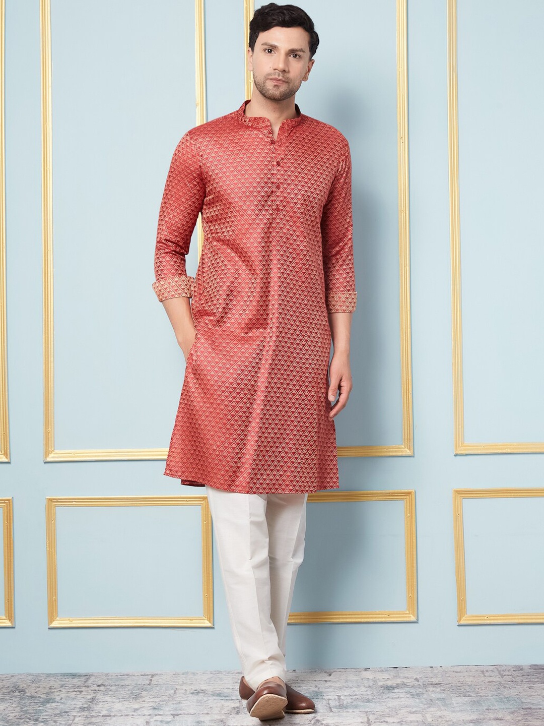 

See Designs Men Woven Design Mandarin Collar Kurta, Red