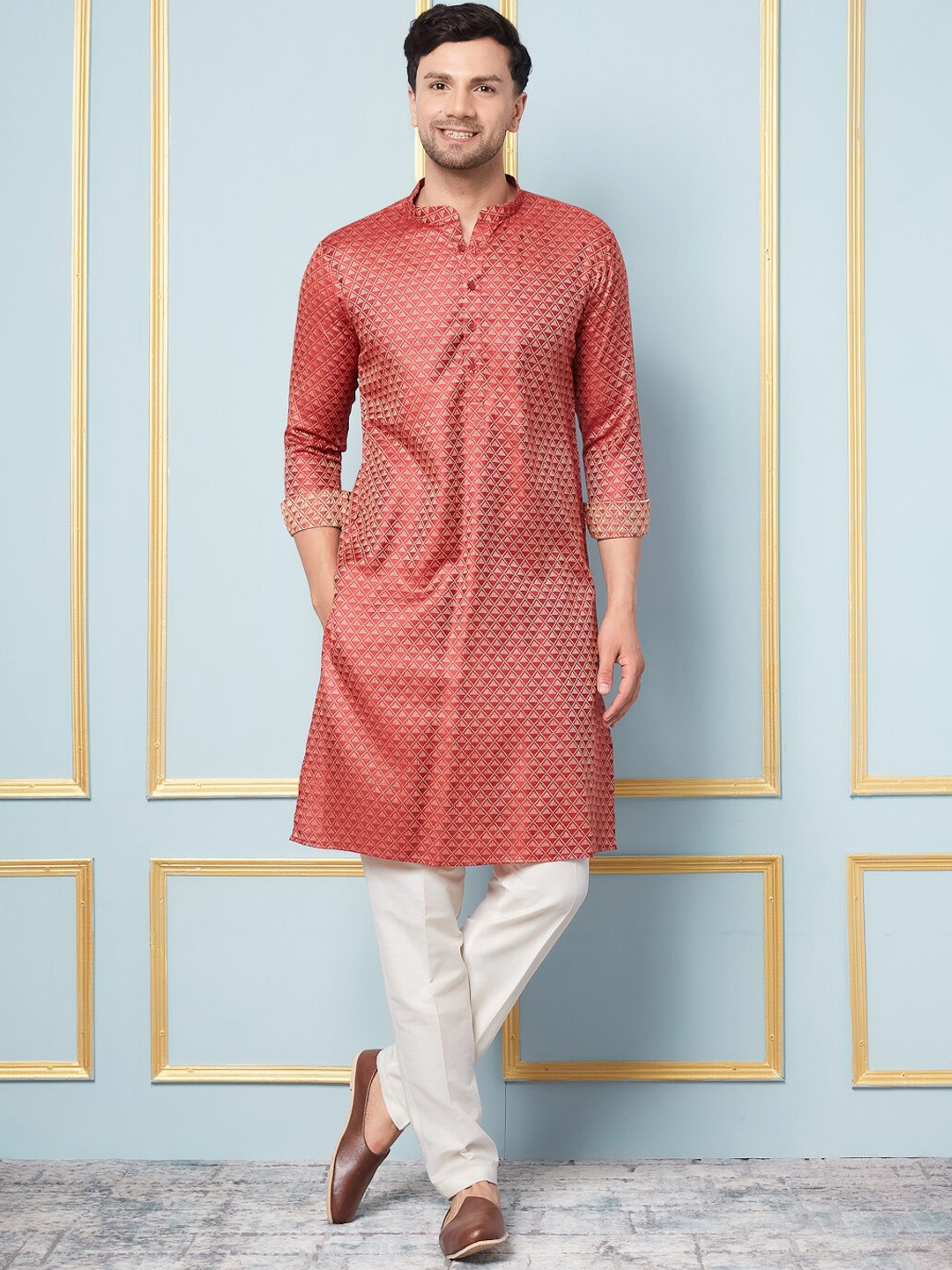 

See Designs Mandarin Collar Woven Design Straight Kurta with Pyjamas, Red