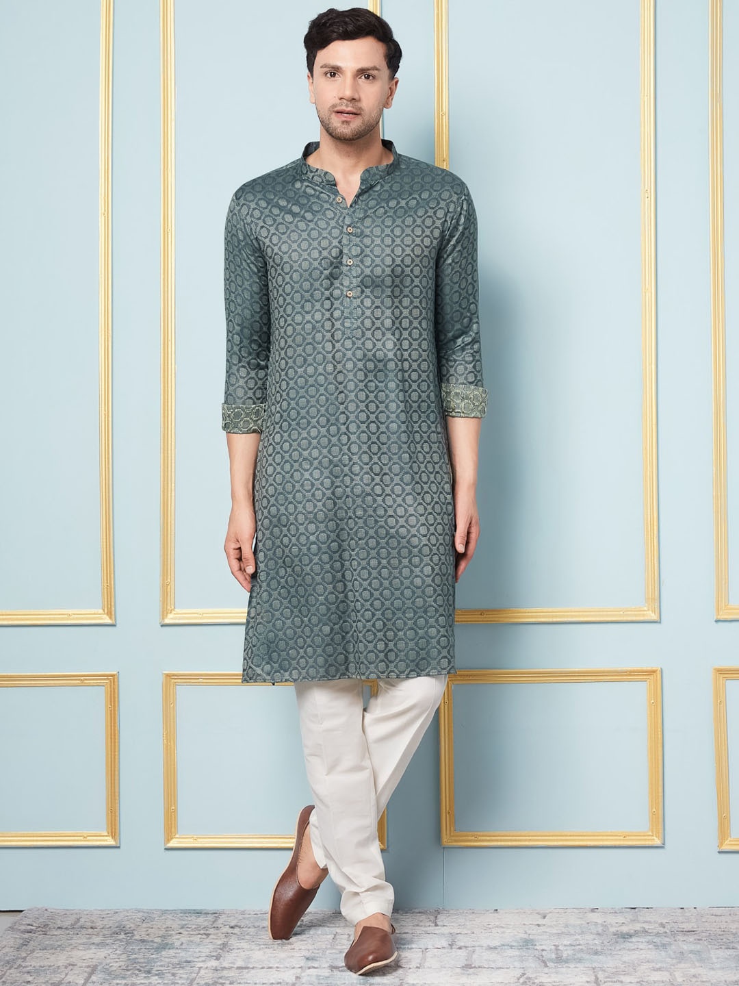 

See Designs Mandarin Collar Woven Design Straight Kurta with Pyjamas, Blue