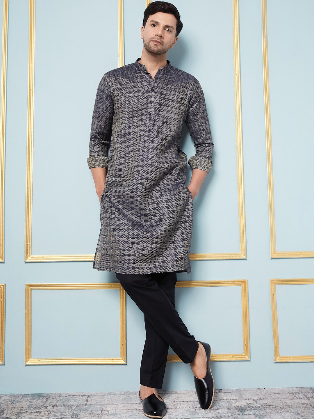 

See Designs Mandarin Collar Woven Design Straight Kurta with Pyjamas, Blue
