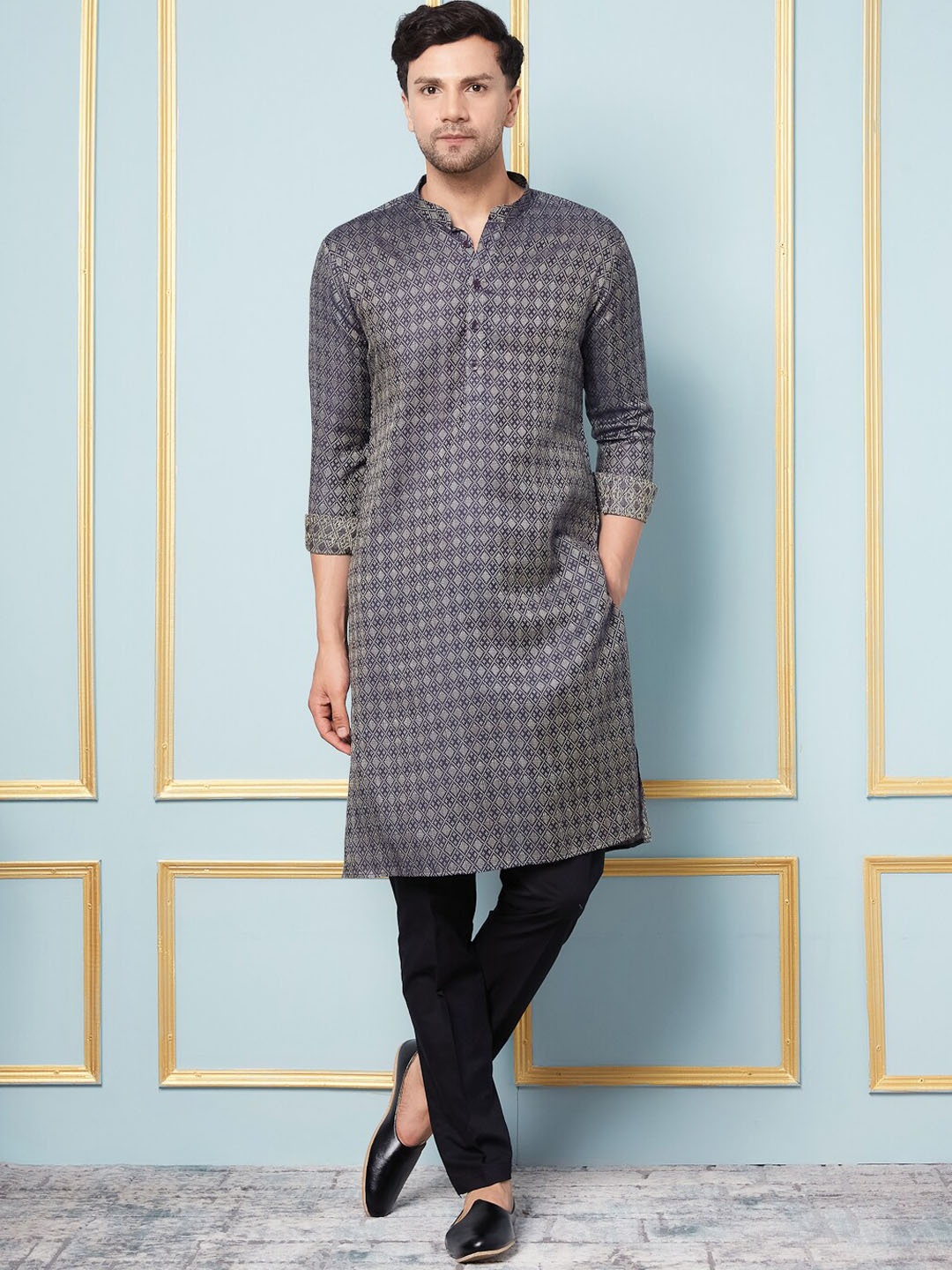 

See Designs Men Woven Design Mandarin Collar Kurta, Blue
