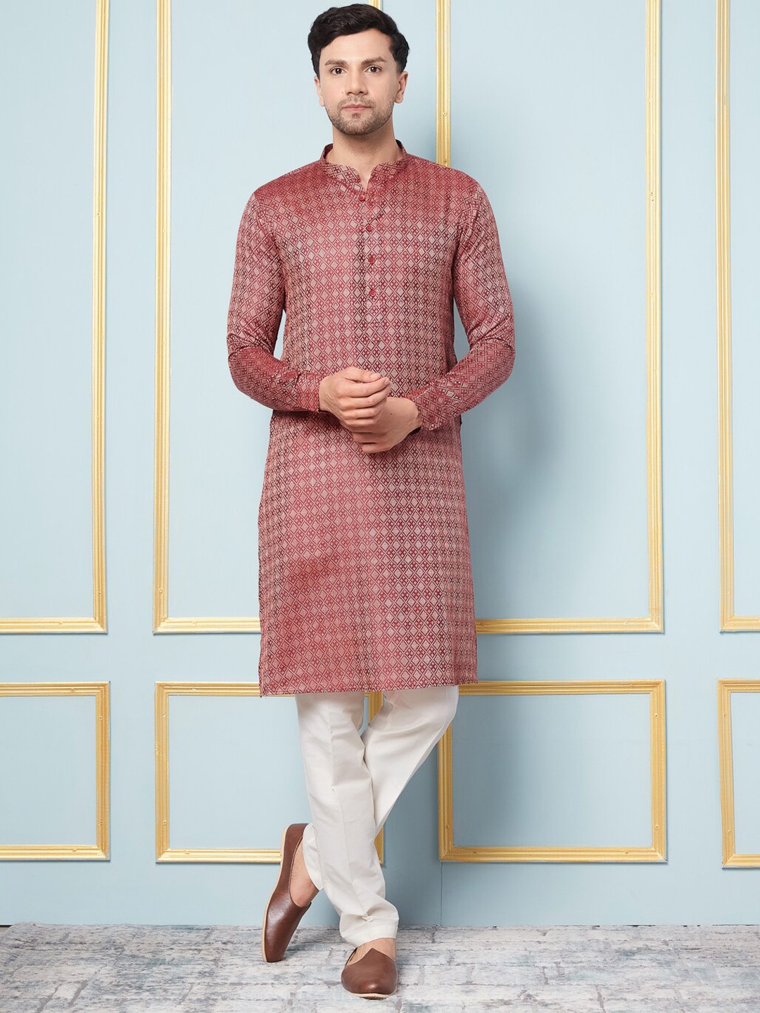 

See Designs Mandarin Collar Checked Kurta, Burgundy