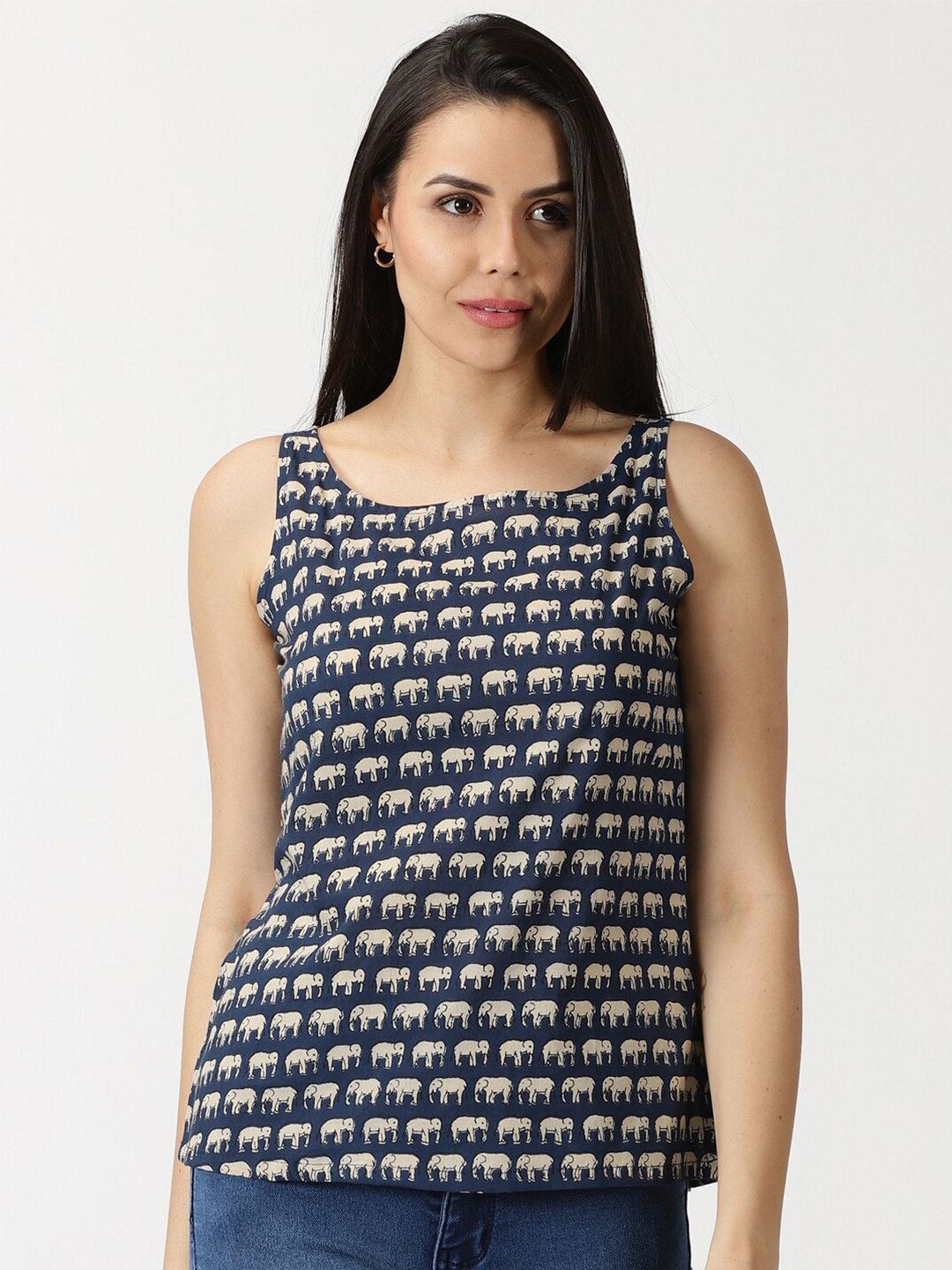 

Saffron Threads Elephant Print Pure Cotton Regular Top, Navy blue