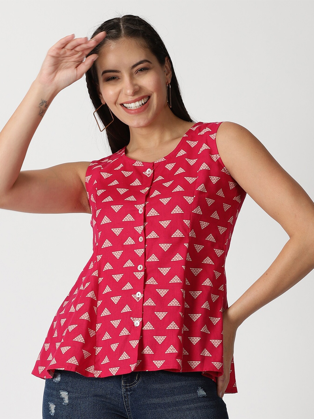 

Saffron Threads Geometric Print Pure Cotton Peplum Top, Pink