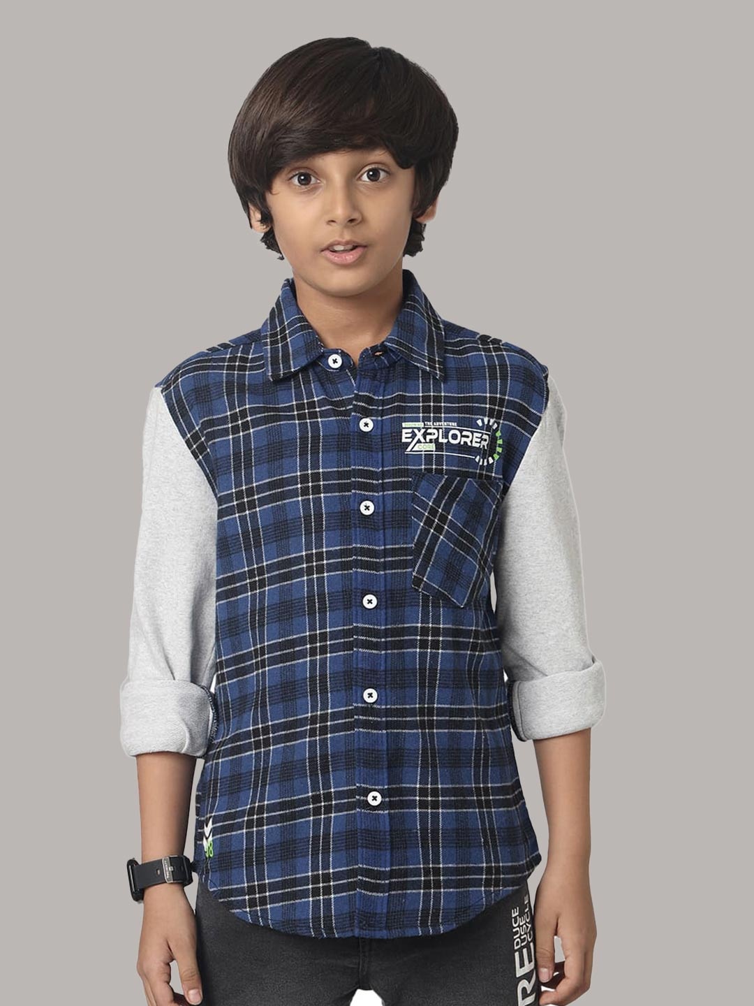 

UNDER FOURTEEN ONLY Boys Tartan Checked Cotton Casual Shirt, Navy blue