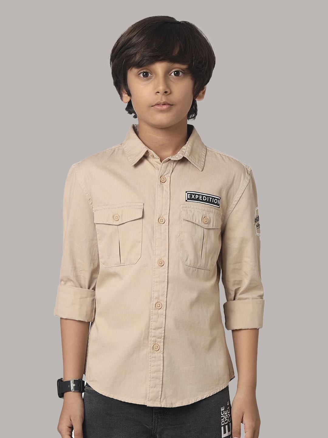 

UNDER FOURTEEN ONLY Boys Spread Collar Cotton Casual Shirt, Khaki