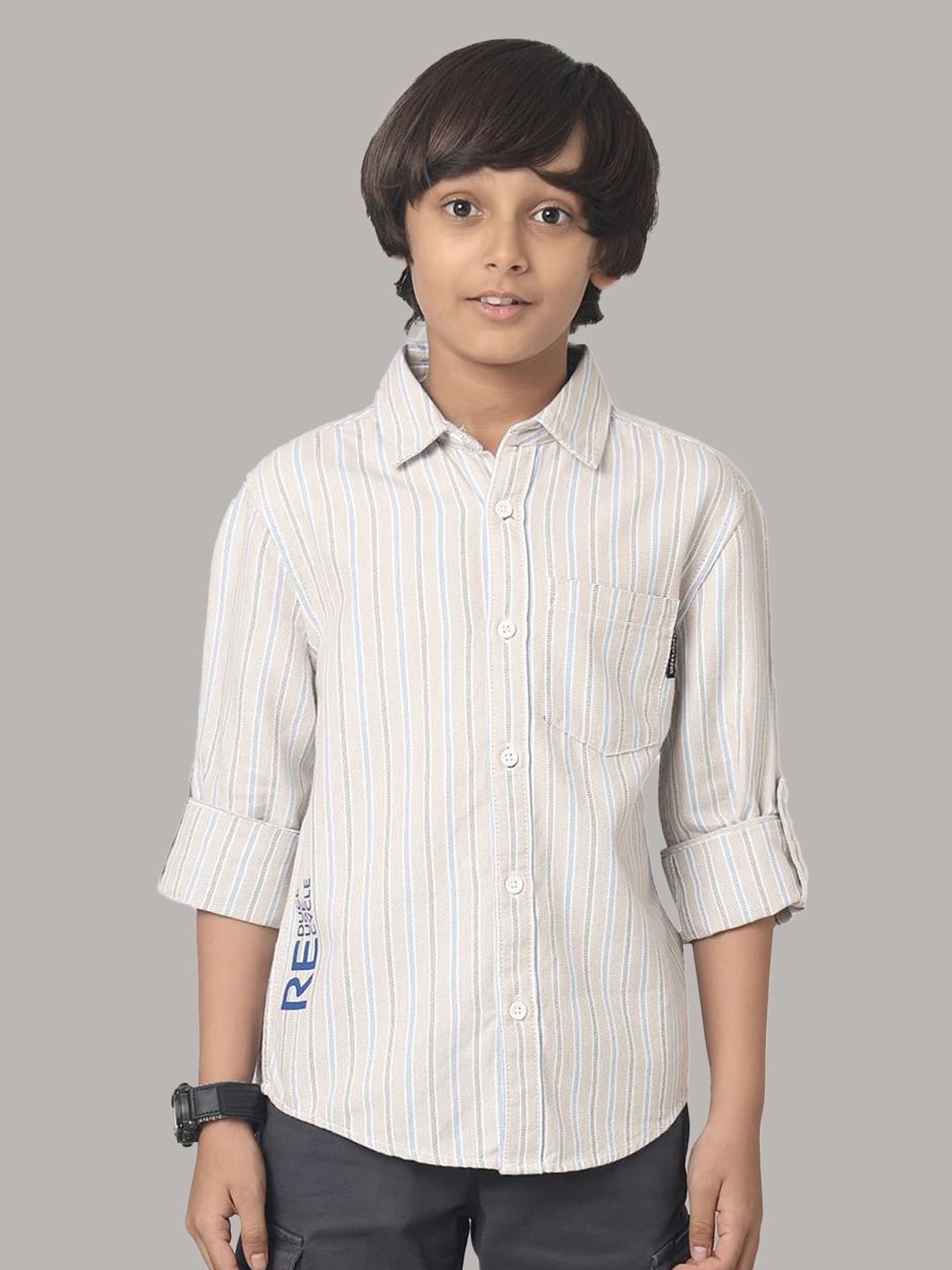 

UNDER FOURTEEN ONLY Boys Striped Cotton Casual Shirt, Beige