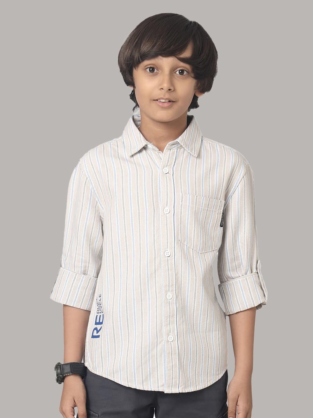 

UNDER FOURTEEN ONLY Boys Striped Cotton Casual Shirt, Beige