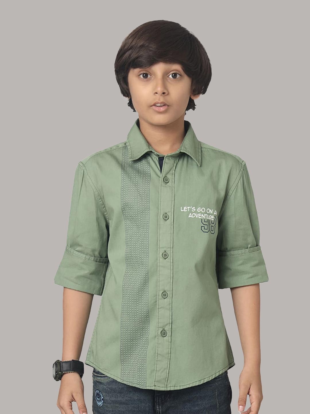 

UNDER FOURTEEN ONLY Boys Spread Collar Cotton Casual Shirt, Green