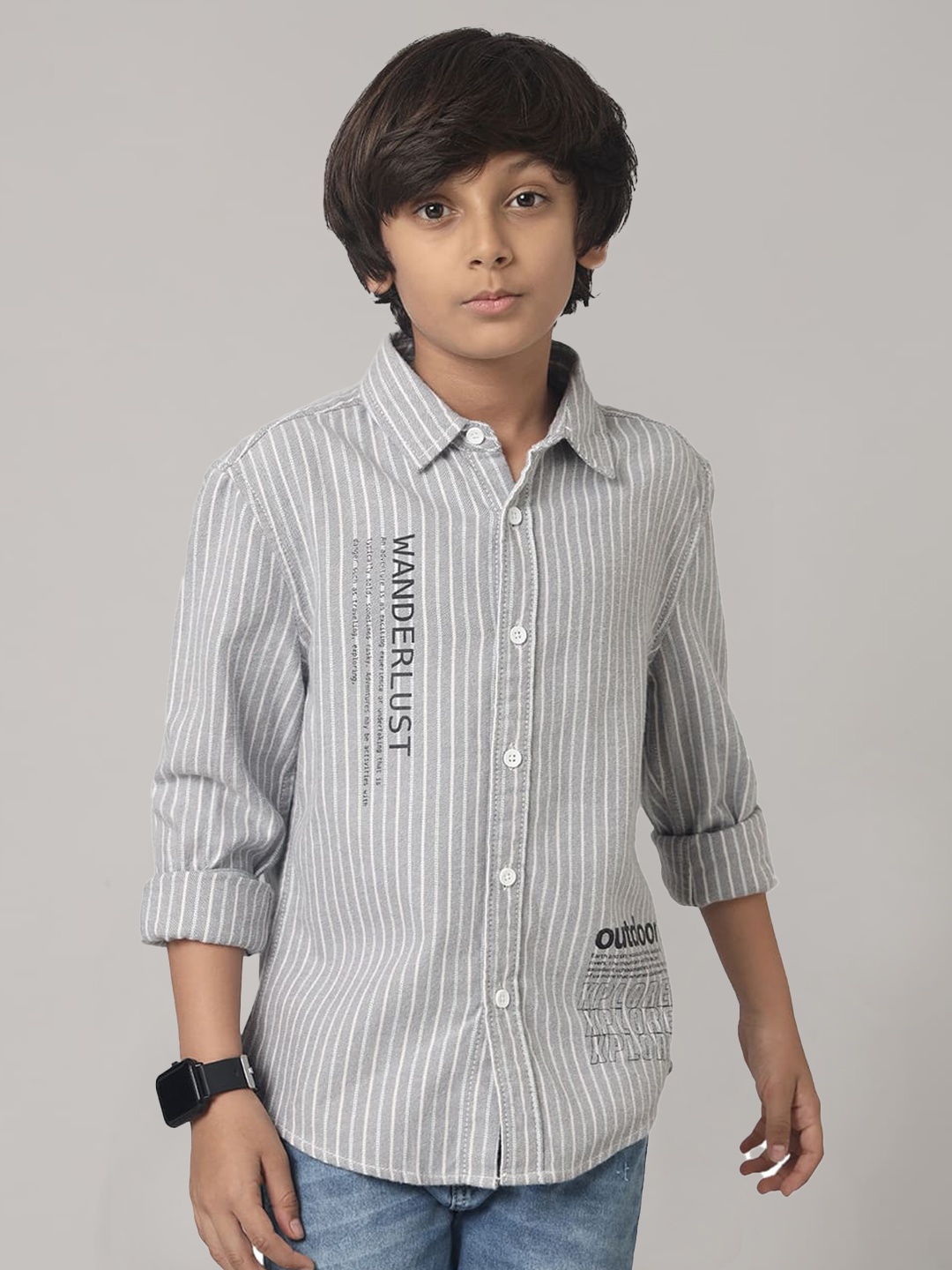 

UNDER FOURTEEN ONLY Boys Striped Cotton Casual Shirt, Grey