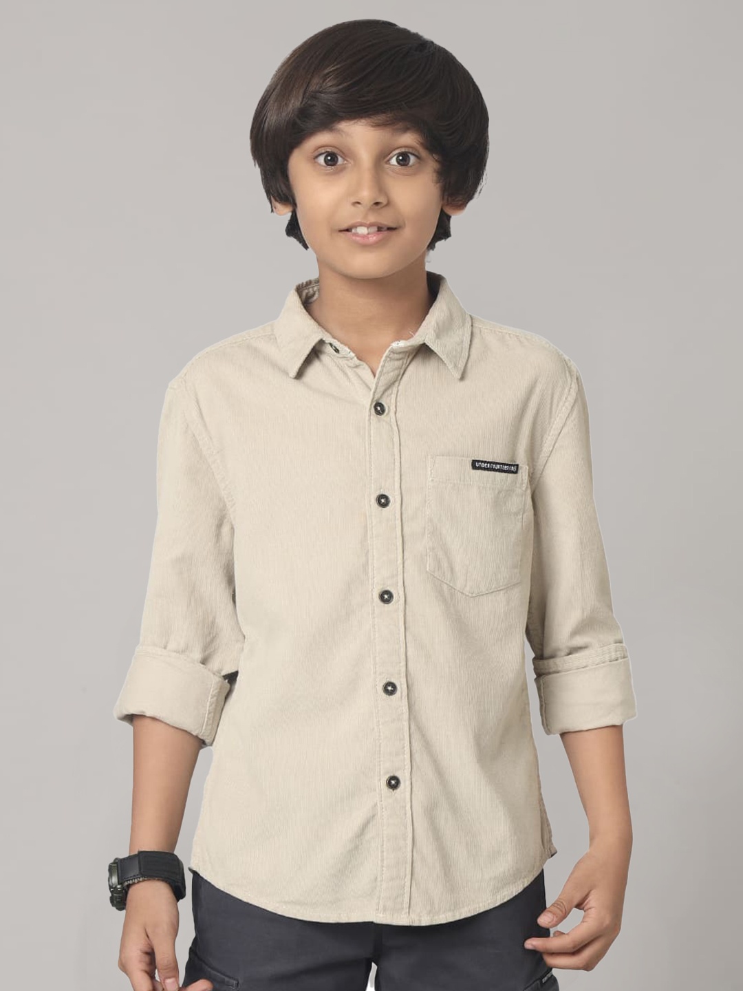 

UNDER FOURTEEN ONLY Boys Spread Collar Cotton Casual Shirt, Beige