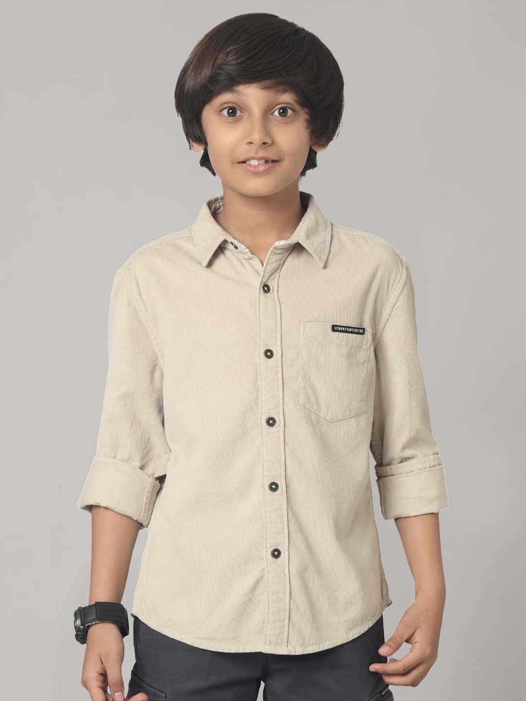 

UNDER FOURTEEN ONLY Boys Spread Collar Cotton Casual Shirt, Beige