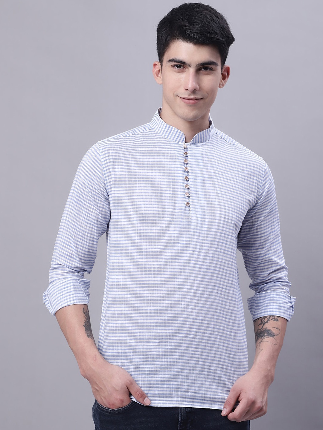 

Purple State Striped Mandarin Collar Pure Cotton Kurta, Blue