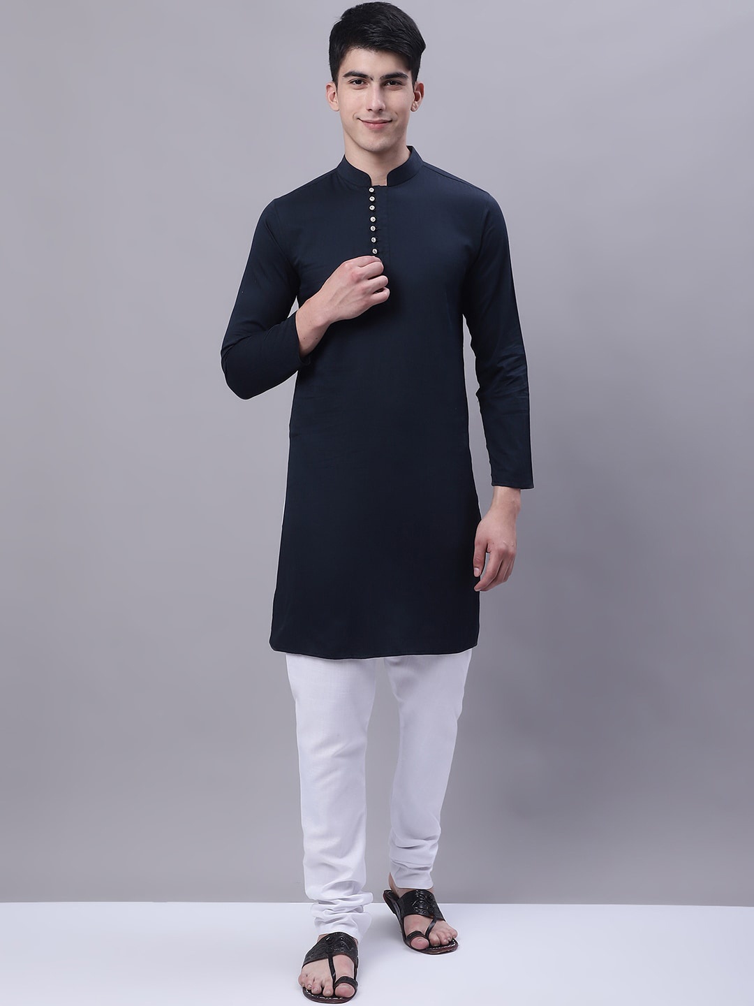 

Purple State Men Mandarin Collar Cotton Kurta, Black