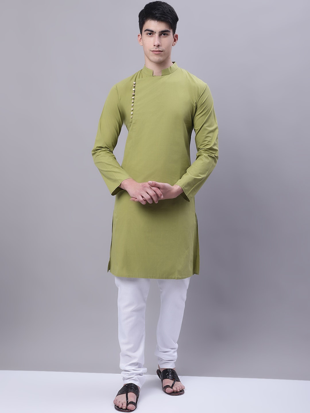 

Purple State Mandarin Collar Cotton Straight Kurta, Olive