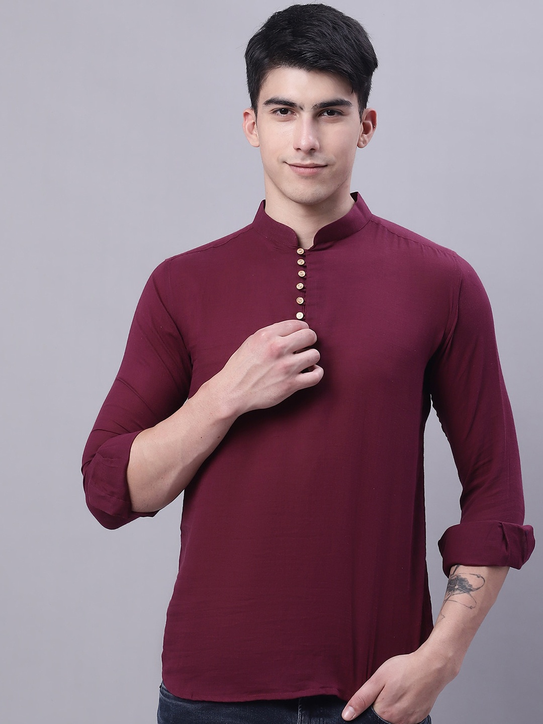 

Purple State Mandarin Collar Cotton Straight Kurta, Maroon