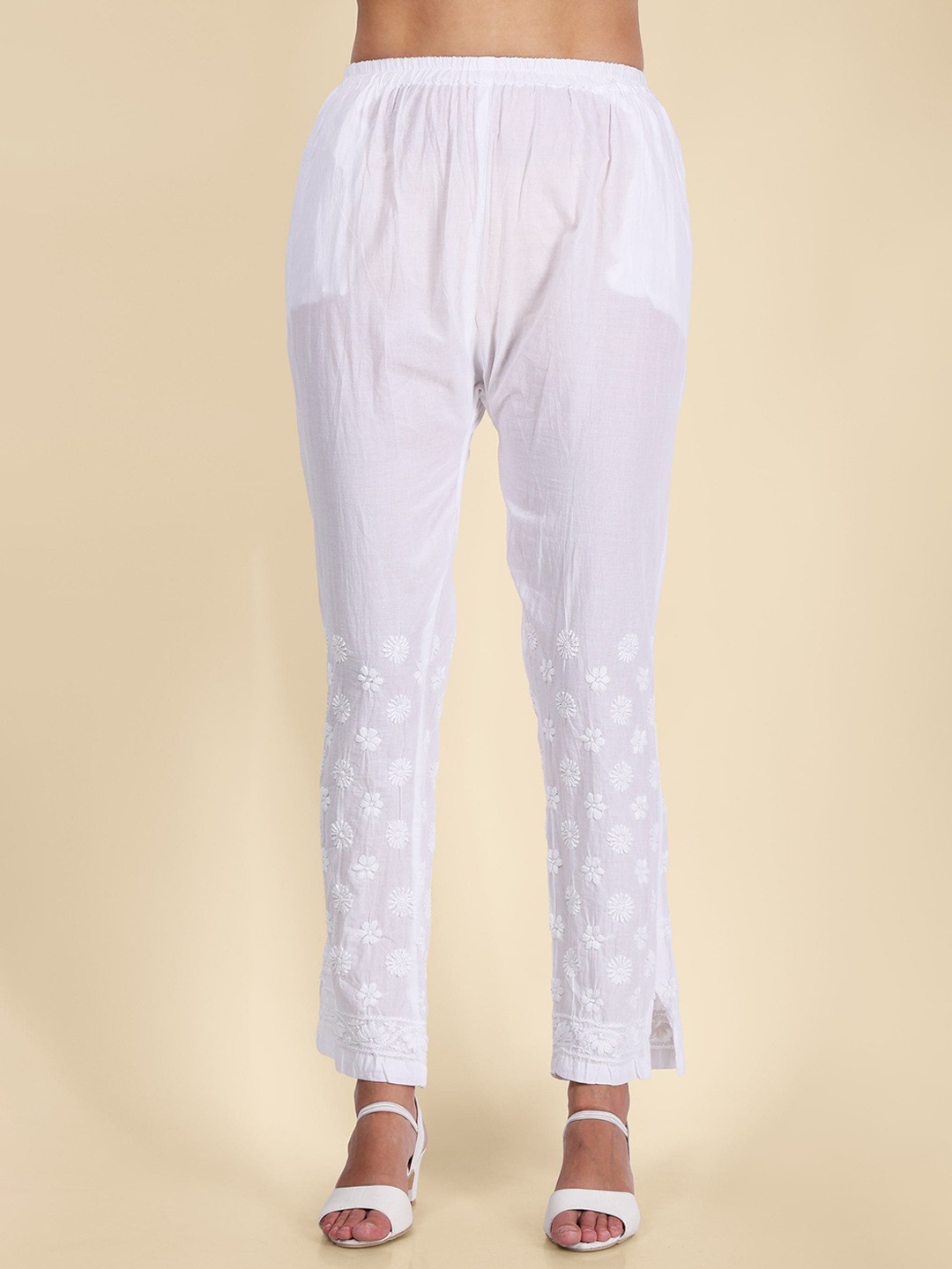

Syrish Floral Embroidered Smart Slim Fit Plain Cotton Regular Trousers, White