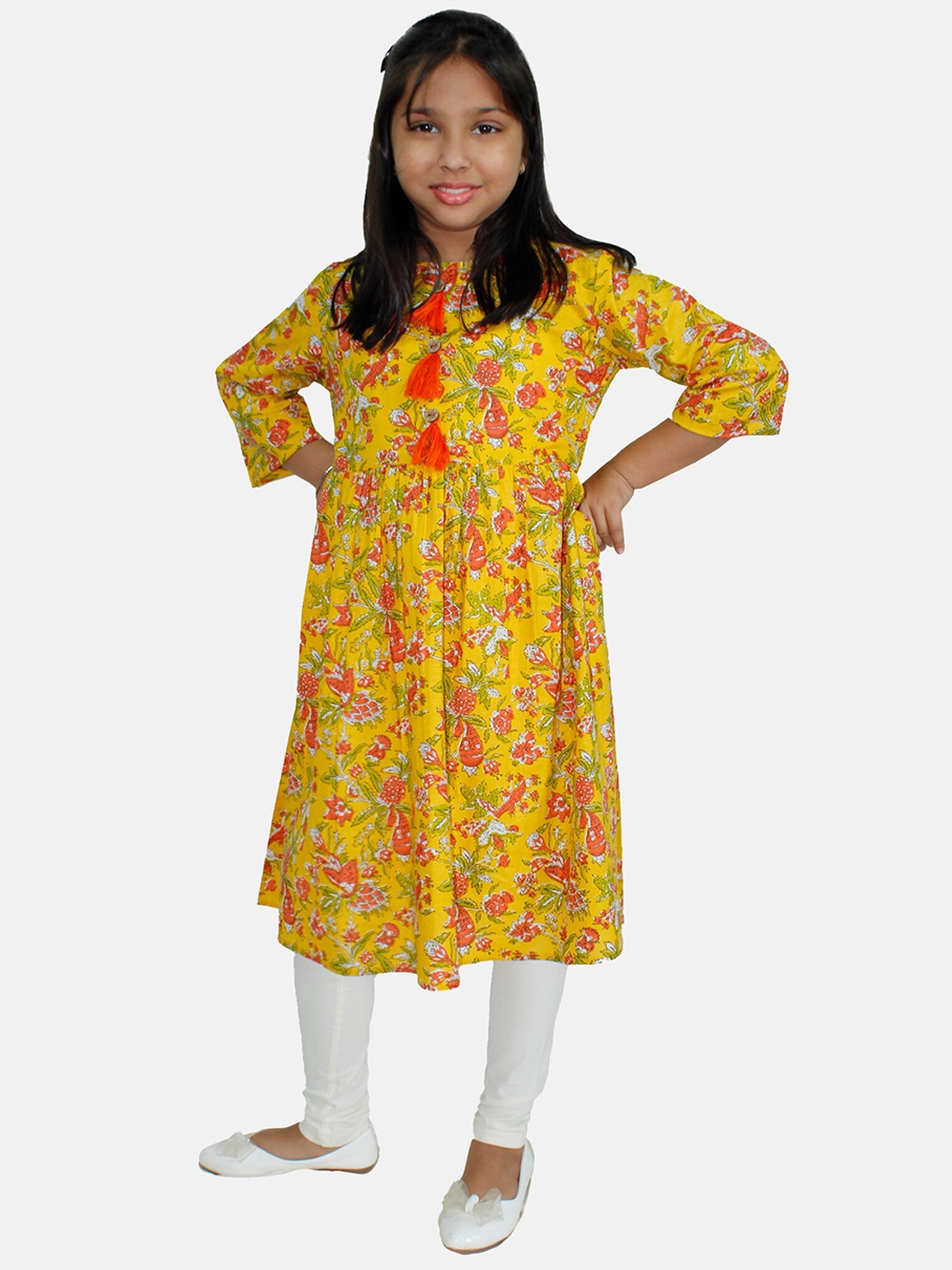 

KiddoPanti Girls Floral Printed Pure Cotton Kurta With Legging, Mustard