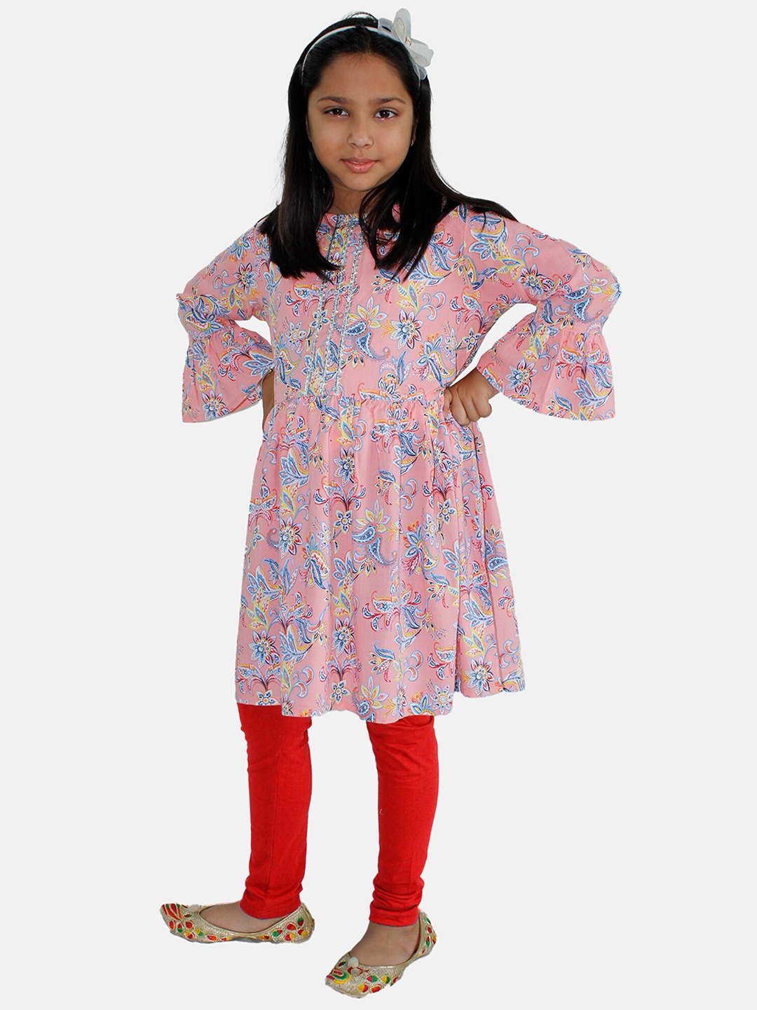 

KiddoPanti Girls Round Neck Floral Printed Empire Kurta & leggings, Pink