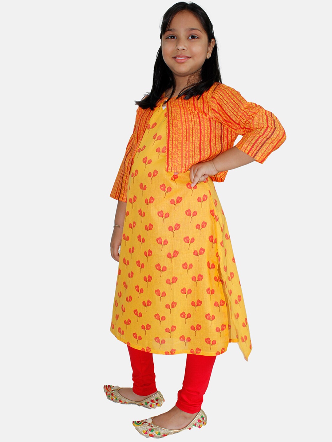 

KiddoPanti Girls Round Neck Floral Printed Pure Cotton Kurta & Legging With jacket, Mustard