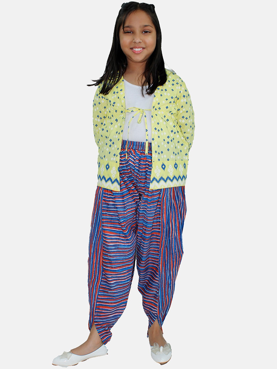 

KiddoPanti Girls Printed Pure Cotton Shrug with Harem Pants, Yellow