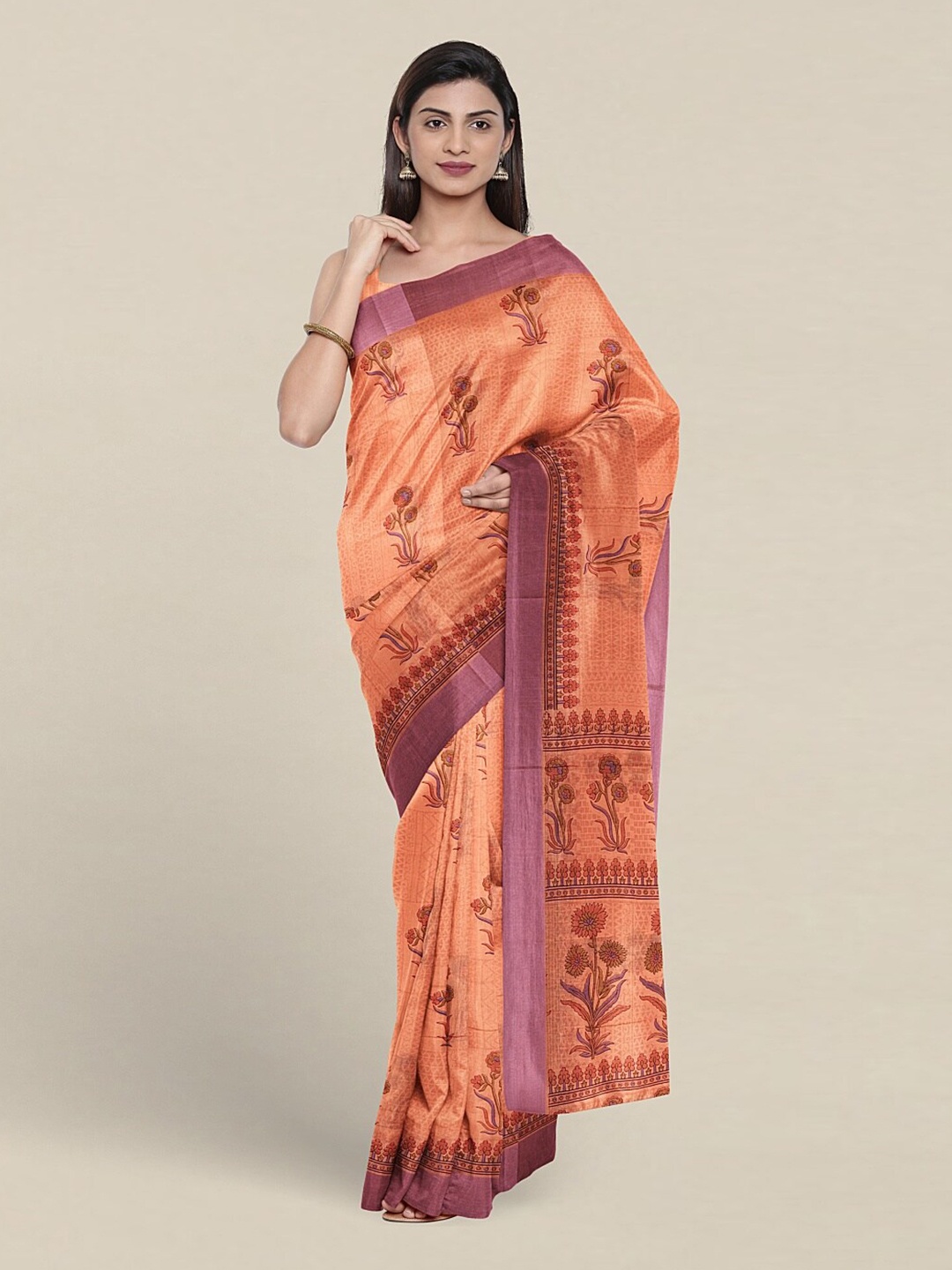 

Pothys Floral Printed Pure Cotton Saree, Peach
