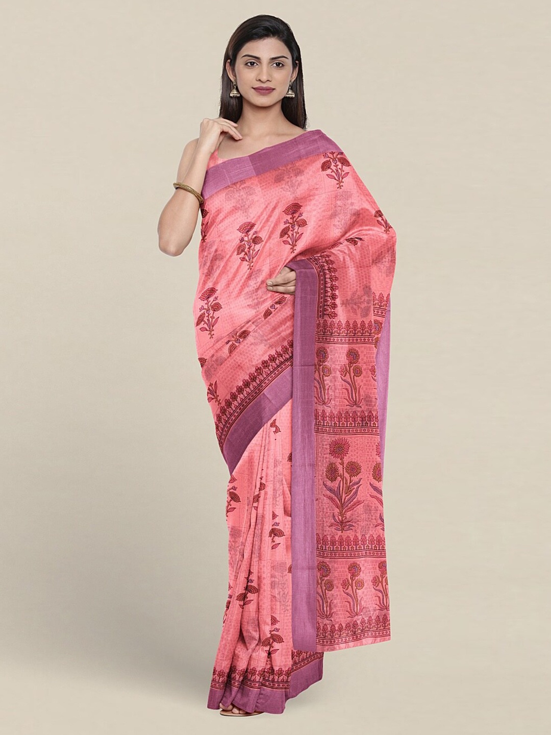 

Pothys Floral Printed Zari Pure Cotton Saree, Pink