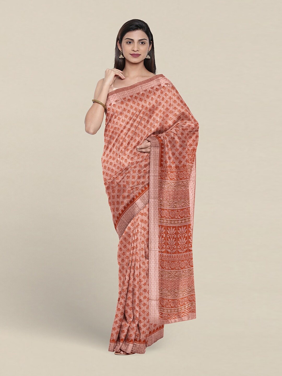 

Pothys Floral Printed Zari Pure Cotton Saree, Peach