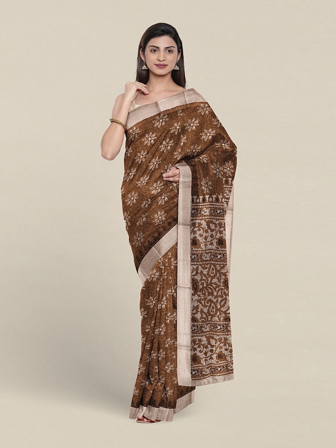 

Pothys Floral Printed Zari Pure Cotton Saree, Brown