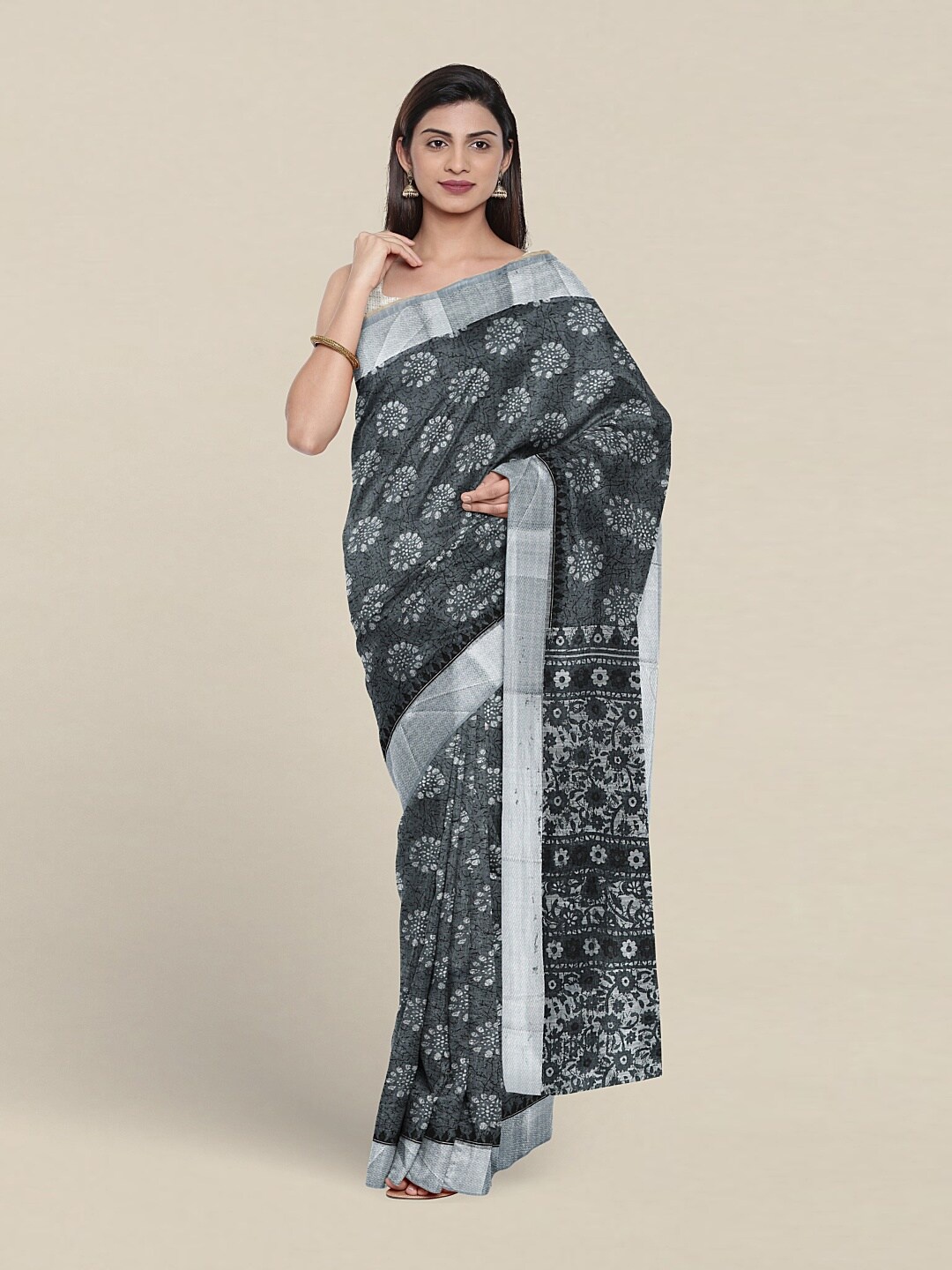 

Pothys Floral Printed Zari Pure Cotton Saree, Grey