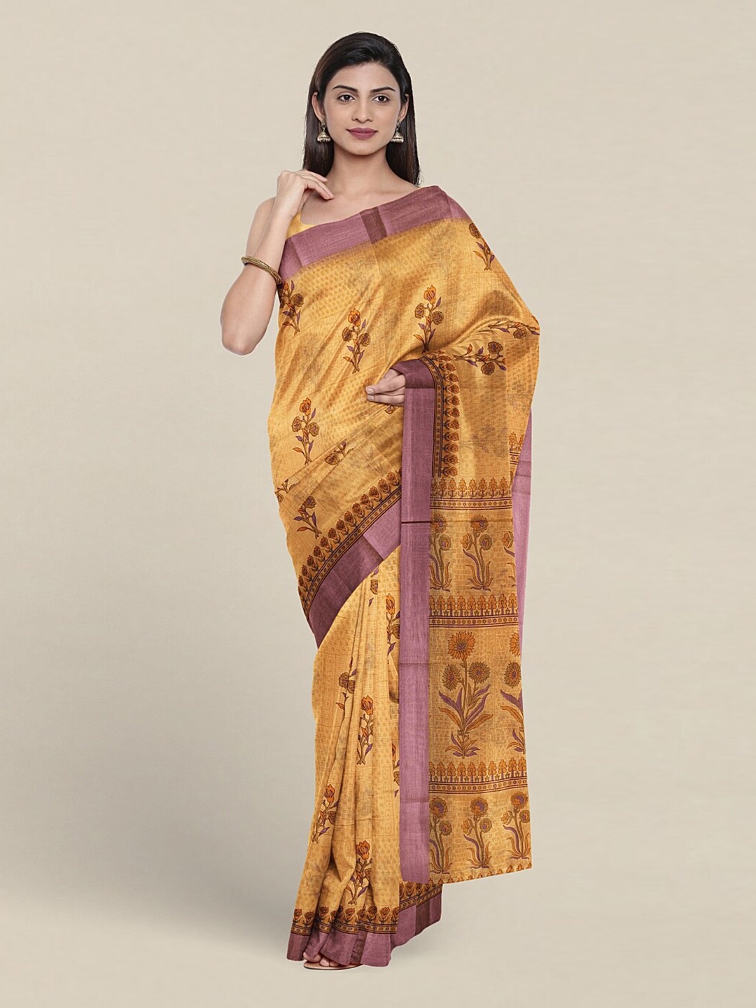 

Pothys Floral Printed Zari Pure Cotton Saree, Mustard