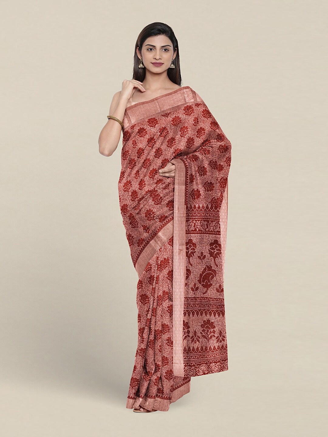 

Pothys Floral Printed Zari Pure Cotton Saree, Rust