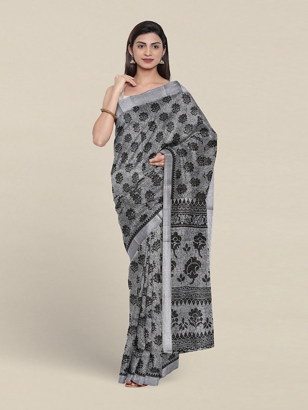 

Pothys Floral Printed Zari Pure Cotton Saree, Grey